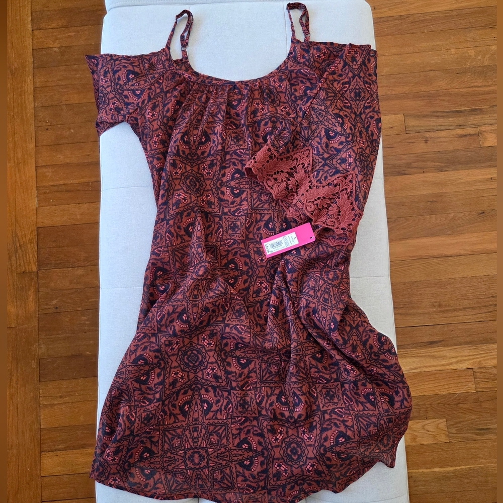 NWT Boho Cold Shoulder Lace Sleeve Dress Xhilaration Crochet Spring Flowy Gypsy